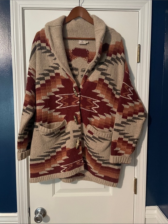 Faherty Sweaters - Faherty Aztec Toggle Shawl Cardigan in Beige, Rust & Tan